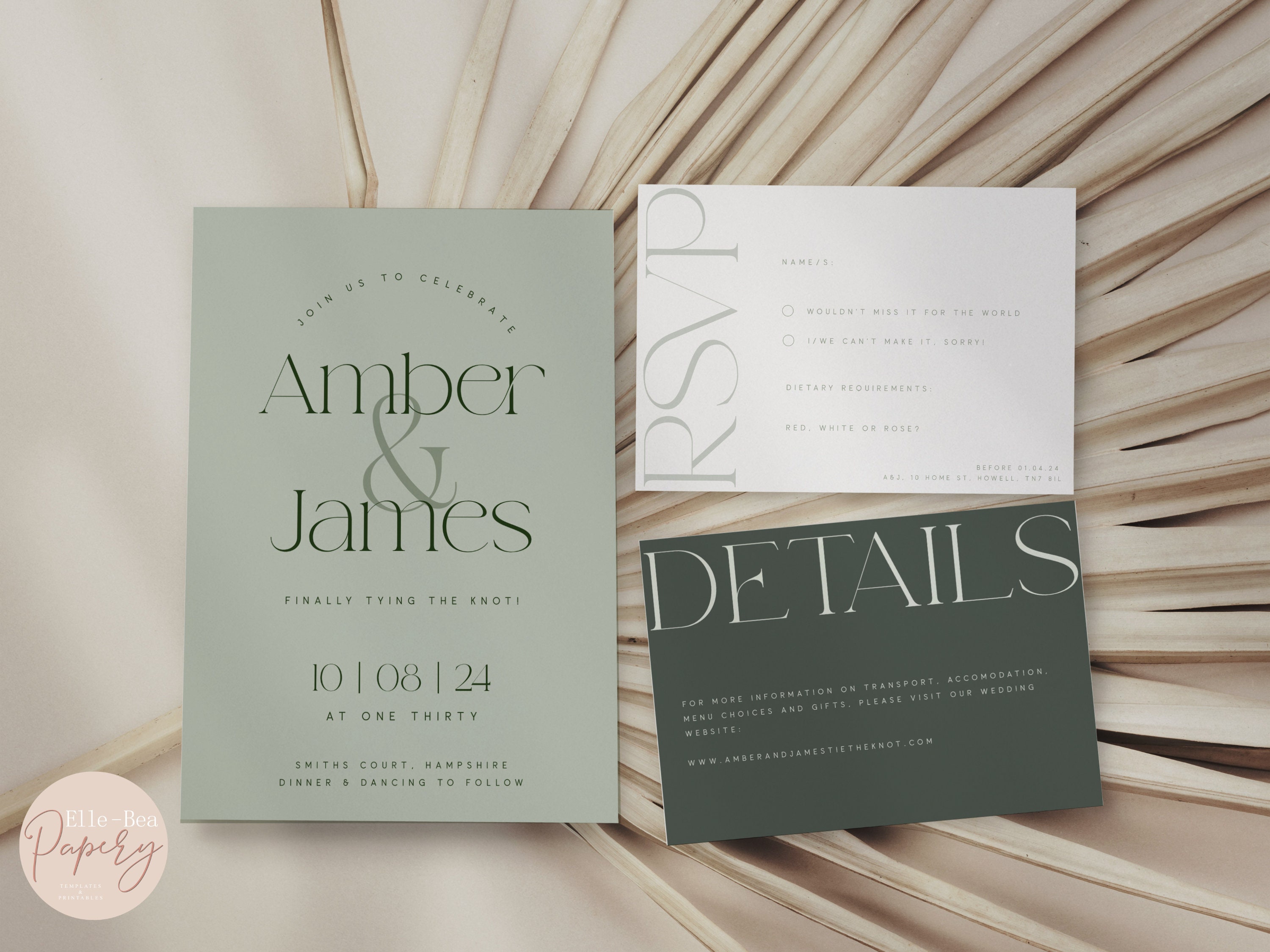 Minimalist Sage Green Wedding Invitation Suite, Modern Olive Green ...