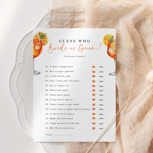 Modèle de jeu de douche nuptiale Aperol Spritz, devinez qui la mariée ou le marié, jeu de poule aux agrumes Spritz, téléchargement immédiat, coup de foudre