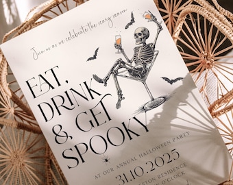 May include: Halloween party invitation with a skeleton illustration. The invitation reads "Eat, Drink & Get Spooky" with event details for October 31, 2025. The design includes bats and a spider, with "fancy dress encouraged".