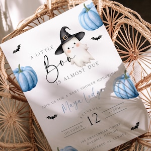 A Little Boo is Almost Due Baby Shower Invite, Blue Editable Halloween Template Digital Download, Little Boo Invitation, Baby Boy, EBP30