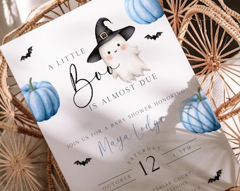 A Little Boo is Almost Due Baby Shower Invite, Blue Editable Halloween Template Digital Download, Little Boo Invitation, Baby Boy, EBP30