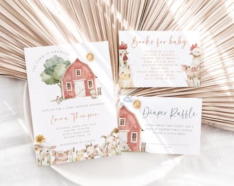 Paquete para baby shower, temática de "Pequeño Granjero", invitación imprimible, sorteo de pañales y libros para bebé, set de invitaciones para baby shower de estilo rústico granero, EBP22
