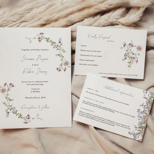 Suite d’invitations de mariage florales pastel, pack d’invitations pâles de fleurs sauvages imprimables, RSVP, information, modifiable, téléchargeable, numérique, ELORA
