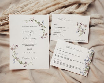 Pastel Floral Wedding Invitation Suite, Printable Wildflower Pale Invite Bundle, RSVP, Information, Editable, Downloadable, Digital, ELORA