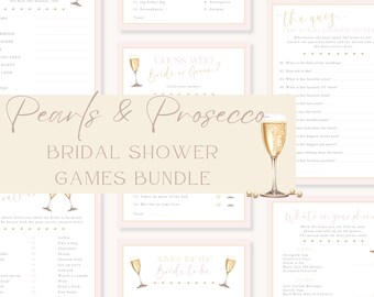 May include: A set of printable bridal shower games with a pink and gold color scheme. The games include a word scramble, a "guess who" game, a quiz, a "what's on your phone" game, and a "advice for the bride to be" game. The games feature illustrations of champagne glasses and pearls.