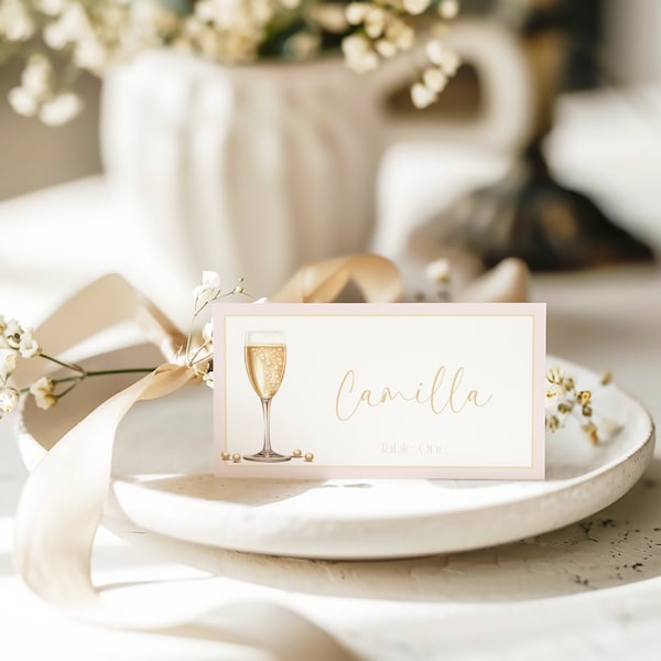 Pearls and Prosecco Place Card Template, Pearls and Prosecco Bridal Shower, Printable Table Decorations, Name Card, Menu Card, EBP12