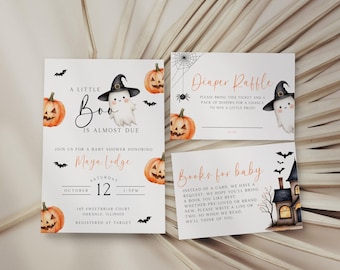 Little Boo Baby Shower Invitation Bundle, Baby Ghost Baby Shower Bundle, Little Boo is Almost Due, Halloween Baby Shower, Template, EBP31