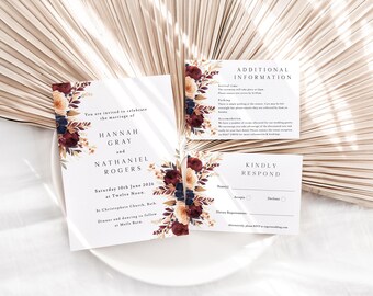 Burgundy Floral Wedding Invitation Bundle Template, Editable Burgundy Floral Wedding Invite Suite, Instant Download, Printable, EBP25
