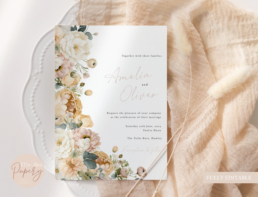 Pastel Floral Wedding Invitation Template With Peonies, Dusty Floral ...