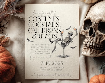 May include: Halloween party invitation with the text "COSTUMES, COCKTAILS, CAULDRONS & CHAOS." The invitation features a skeleton in a martini glass, bats, pumpkins, and a skull. The date is October 31, 2025.
