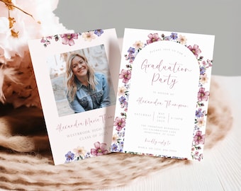Wildflower Graduation Party Announcement Invitation, Floral Girl Graduation Photo Invite, Modern Boho Flower Grad Invite, Editable Template