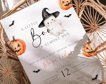 A Little Boo is Almost Due Baby Shower Invite, Editable Halloween Template Cute Ghost Digital Download, Little Boo Invitation, Printable