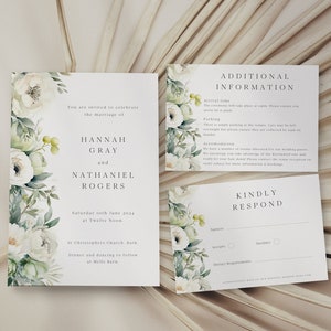 White Floral Wedding Invitation Bundle Template, Editable White Floral Wedding Invite Suite, Instant Download, Printable, DIY, EBP09