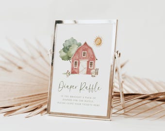 May include: A sign with a watercolor illustration of a red barn with a green tree and a yellow sun. The sign says "Diaper Raffle" and "If you brought a pack of diapers for the raffle, please leave your tickets here."