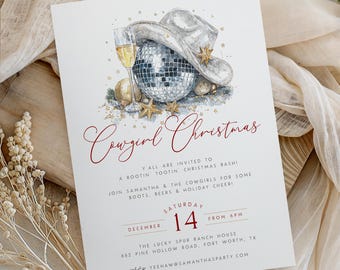 May include: A white invitation card with a watercolor illustration of a disco ball, cowboy hat, and champagne glass. The text reads "Cowgirl Christmas" and includes event details for a holiday party.