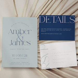 Minimalist Blue Wedding Invitation Suite, Modern Pale Blue Wedding Invitation Template Set, Navy Blue Wedding Invite, Blue and White - BLAKE