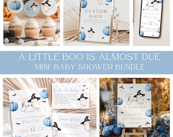 Ensemble bleu modifiable pour baby shower A Little Boo, paquet d'invitations pour baby shower garçon Halloween Halloween, paquet de décoration de douche d'Halloween fantôme bleu, EBP30