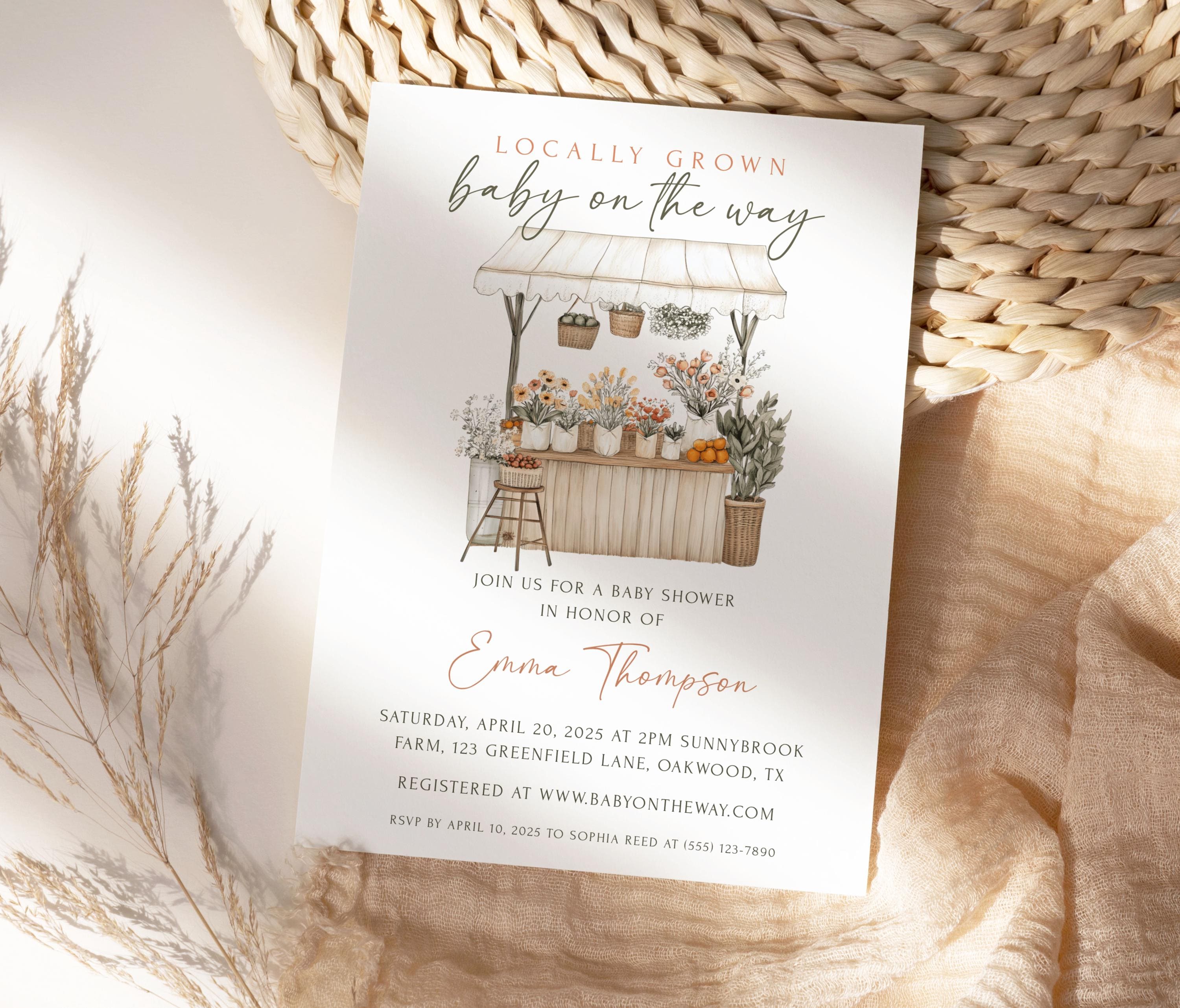 Locally Grown Baby Shower Invitation, Farmers Market Baby Shower Invite, Homegrown, Printable, Editable Template, Instant Download, EBP21