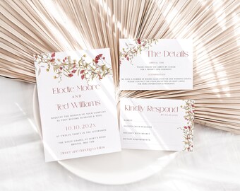Red Floral Wedding Invitation Template, Fall Wedding Invite Suite, Editable, Printable