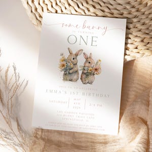 Some Bunny is One Invitation, Some Bunny is Turning One Invite, Bunny Birthday Party Invitation, 1st Birthday Girl, Editable, Digital