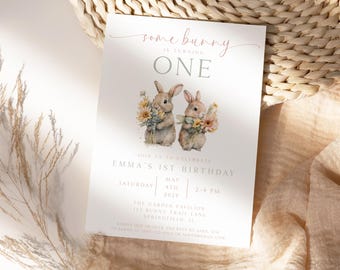 Some Bunny is One Invitation, Some Bunny is Turning One Invite, Bunny Birthday Party Invitation, 1st Birthday Girl, Editable, Digital