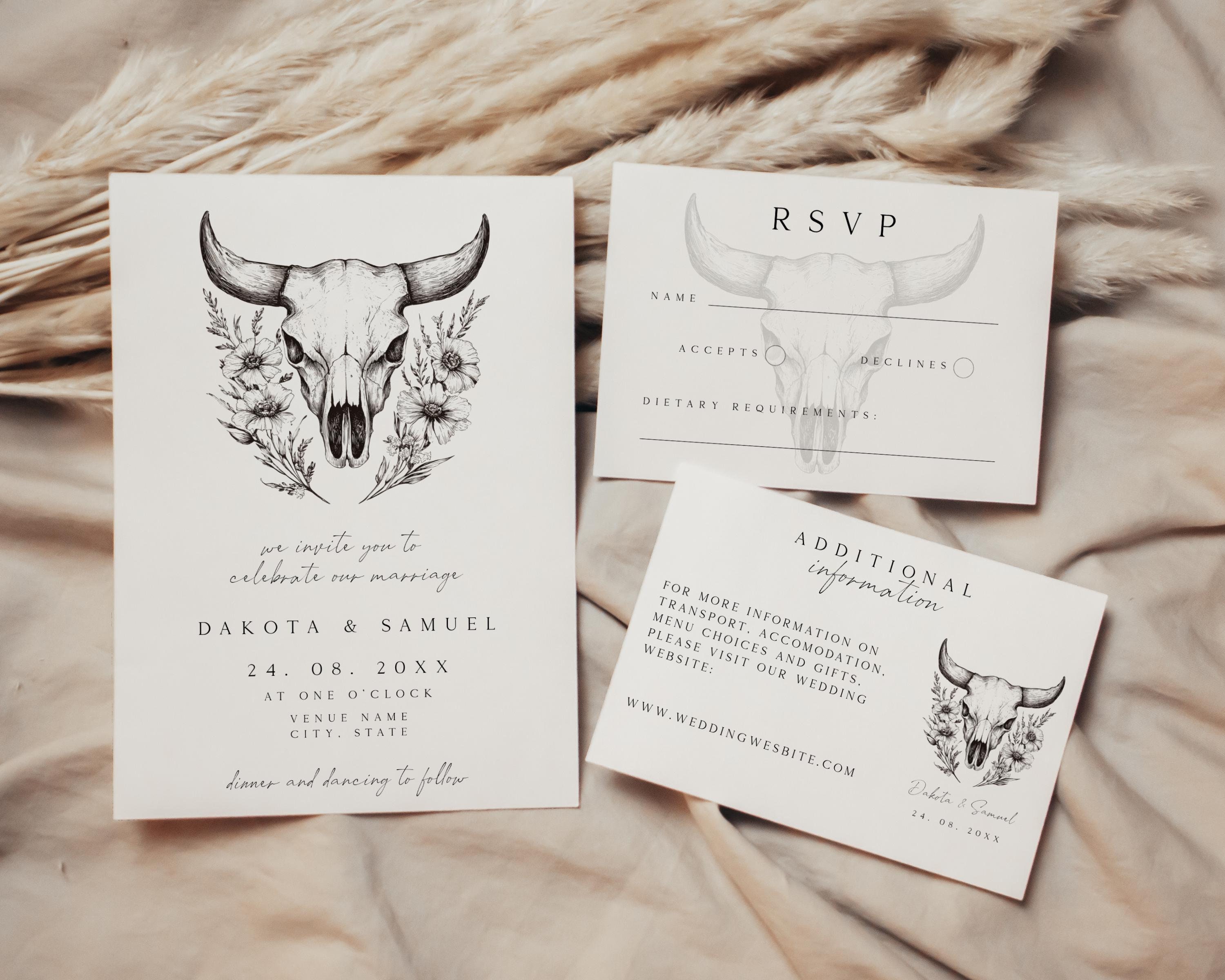 Western Wedding Invitation Suite Template, Minimalist Cowboy Wedding Invite, Bull's Skull Invitation Template, Southwestern Wedding Invite