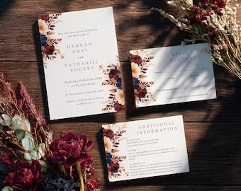Burgundy Floral Wedding Invitation Bundle Template, Editable Burgundy Floral Wedding Invite Suite, Instant Download, Printable, EBP25