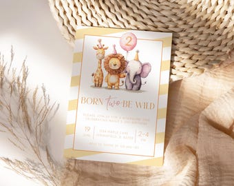 Born Two Be Wild Invitation Template, Safari 2nd Birthday Invite, Editable Jungle Animal Party Invitation, Digital Download, Printable