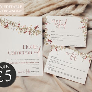 Red Floral Wedding Invitation Template Bundle | Rustic Wedding Invitation Suite | Download | Printable Wedding Invitation Template | ALICE