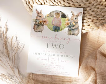 Some Bunny is Turning Two Birthday Invitation Template, Editable 2nd Birthday Invite, Instant Download, Spring Theme, Photo Invitation