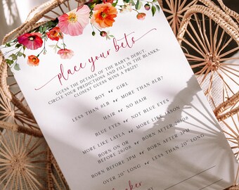 Personalisierte Babyparty-Vorhersagekarten, Blumen-Babyparty, Baby in Blüte, neutral, Wildblumen, Babypartyspiele, bearbeitbar, Vorlage