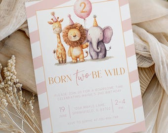 Born Two Be Wild Invitation Template, Safari 2nd Birthday Invite, Editable Jungle Animal Party Invitation, Digital Download, Printable