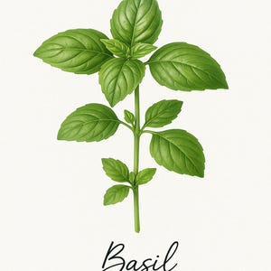 Basil Kitchen Herb Wall Art Print - Digital Download Botanical Illustration - Modern Minimalist Kitchen Decor