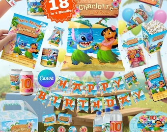 Lilo & Stitch - Modelli stampabili per feste di compleanno: modello Canva da 18 pezzi (download digitale)