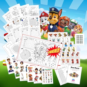 Paw Patrol-activiteitenpakket feest | Kleurplaten | Woordzoeker | Doolhoven | Ryder zegt | Charades | Speld de badge op Chase | Speurtocht