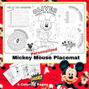 Personalized Mickey Mouse Activity Placemat | Custom Mickey Mouse Coloring Sheet | Mickey Mouse Party Favor | Regular/Large Size