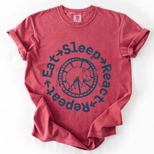 Eat Sleep React Repeat-shirt | Grappig T-shirt voor frontendontwikkelaar | Cadeau software-ingenieur | Burnout hamsterwiel Sarcasme | Comfortkleuren
