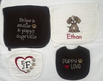 Personalized Baby Bib and Burp Cloth Set Puppy Theme Gift Set for Boys Monogrammed Embroidery Baby Gift Set Cotton Muslin Bibs & Burp Cloths