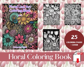 25 Page Printable Floral Coloring Sheet For Adult Relaxing Coloring with Tulips Rose Sunflower Water Lilies Lotus Mandala Coloring Line Art