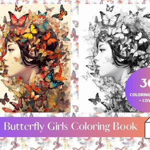 30 Page Butterfly Girl Grayscale Coloring Pages For Adults | Anime Girl Coloring Sheet | Manga Girl Coloring | Printable Instant Download