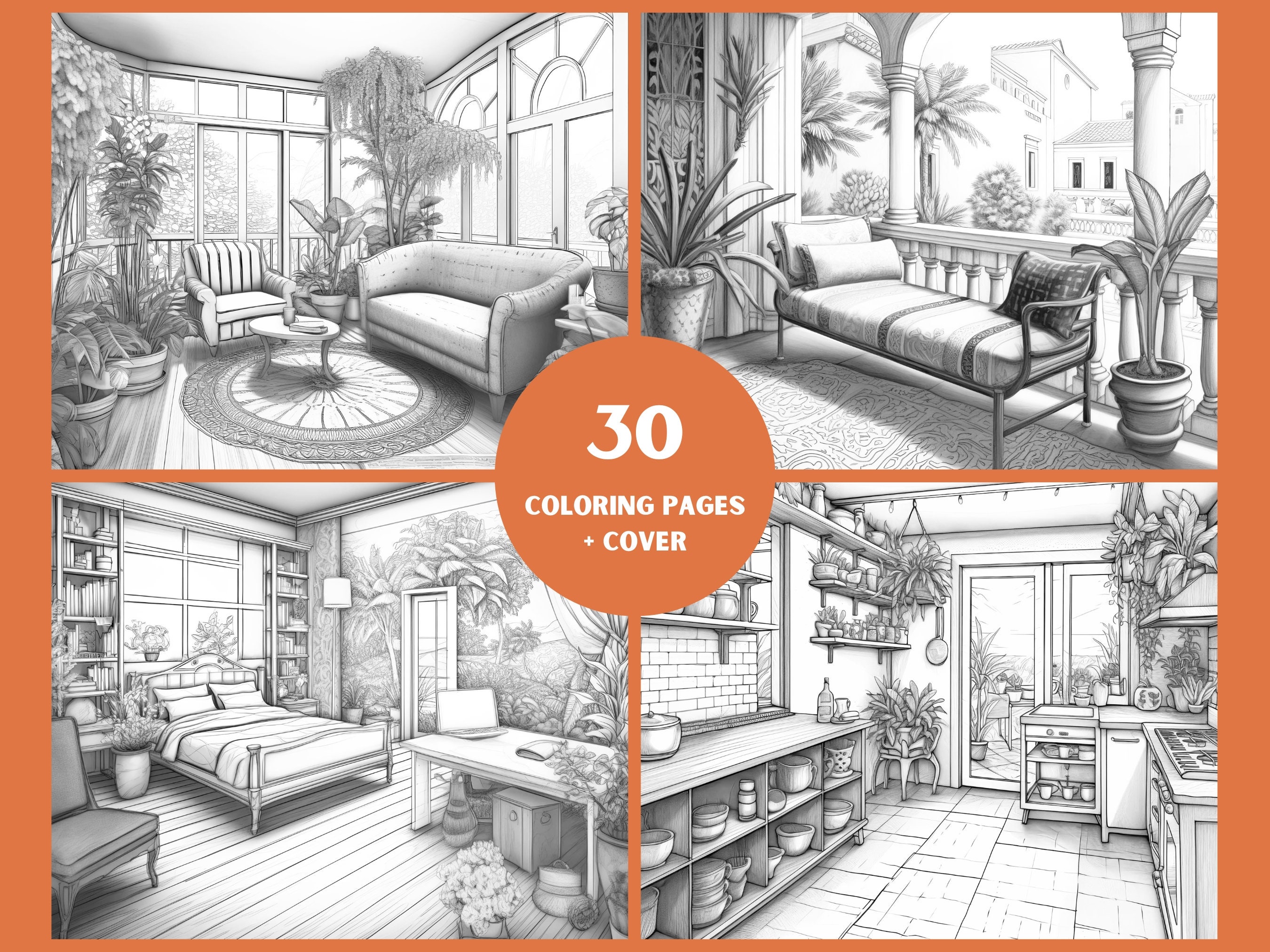 30 Page Bundle Boho Interior Design Adult Coloring Book Bohemian ...