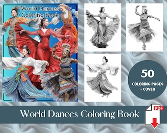 50 Page Bundle World Dances Adult Coloring Book | Ballerinas Flamenco Tango Folk Dancing Coloring Page | Beautiful Woman | Printable PDF