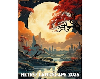 Retro Landscape Art Large Wall Calendar 2025 | Self Care Affirmation Calendar | Inspirational Quotes | Retro Art Landscape Lover Gift Idea