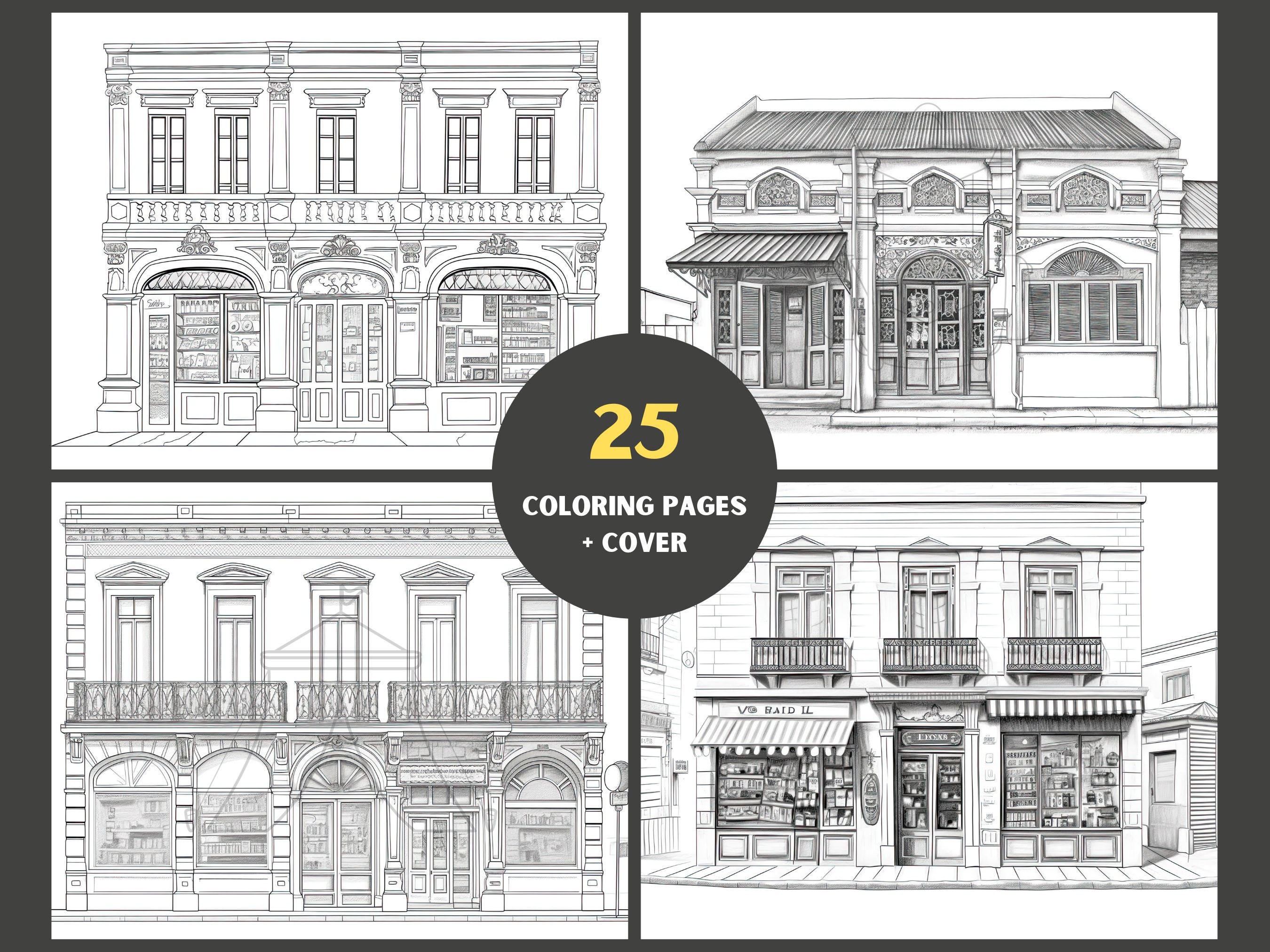 25 Page Bundle of Storefront Adult Coloring Book Building Coloring ...