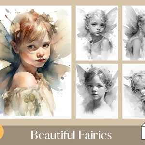 20 Digital Download Beautiful Fairies Adult Coloring Pages | Beautiful Fairies Portrait Grayscale Coloring Sheet | Printable PDF