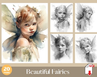 20 Digital Download Beautiful Fairies Adult Coloring Pages | Beautiful Fairies Portrait Grayscale Coloring Sheet | Printable PDF