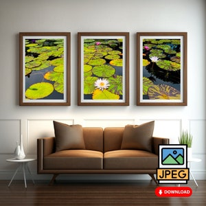 Water Lily Print Set of 3 Printable Water Lilies Art | Pond Waterlily Print | Green Pink Yellow Wall Art For Home Decor | Instant Download