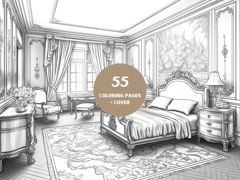 55 Page Bundle Classic Interior Design Adult Coloring Book Mansion ...