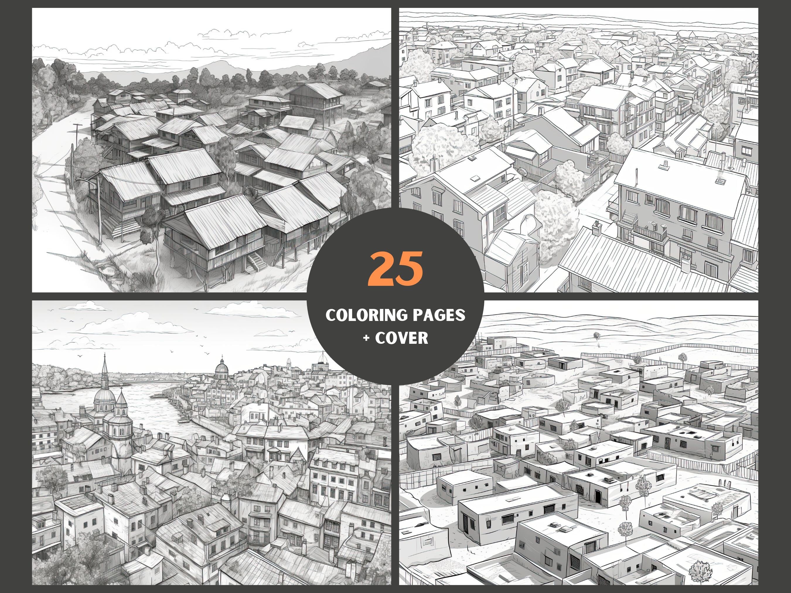 25 Page Bundle Townscape Adult Coloring Book Building Coloring Sheet ...