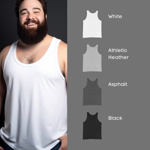 May include: A man wearing a white tank top. The image shows four different colour options for the tank top: white, athletic heather, asphalt, and black.